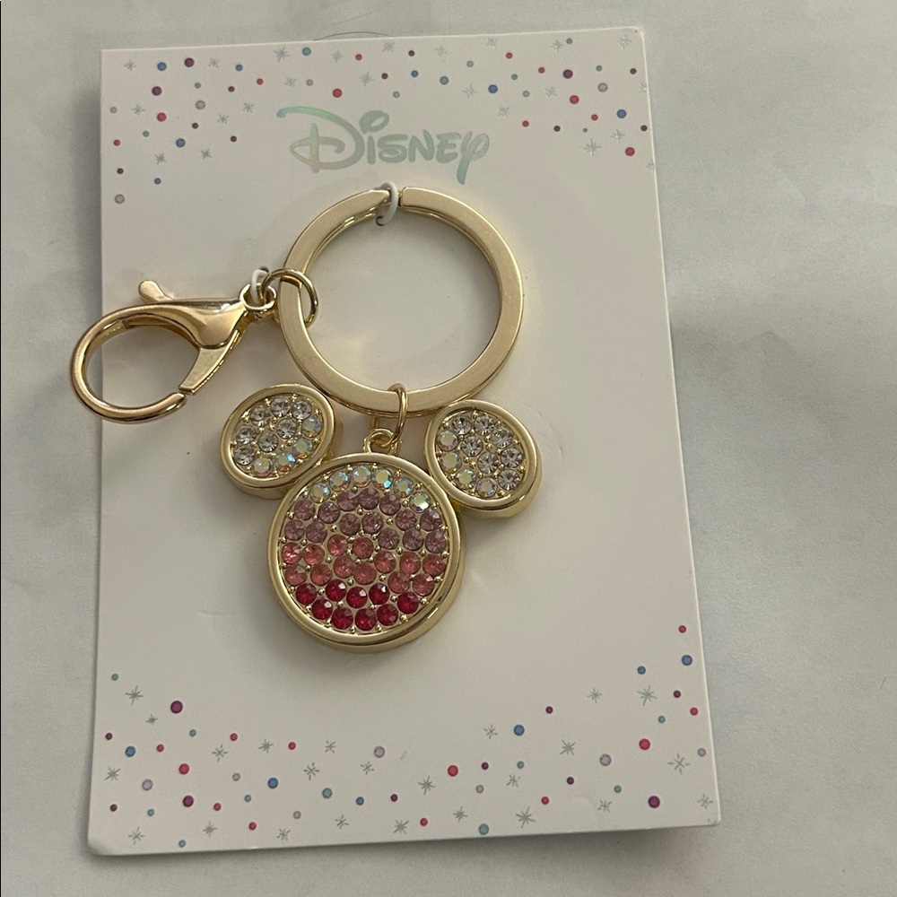 Disney Gold Mickey Mouse keychain and clip on with sparkling stones.  New